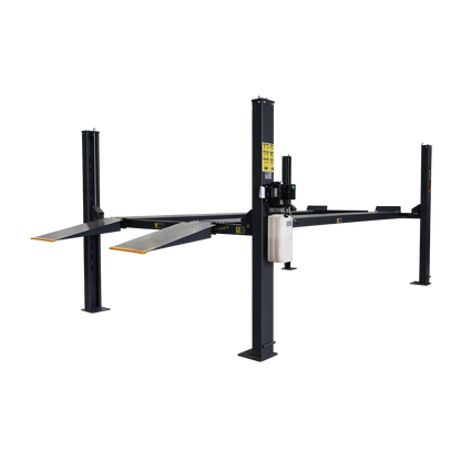 Side view of the 4 post car hoist model TL4.0PH, highlighting the raised steel platforms and hydraulic motorSide view of the 4 post car hoist model TL4.0PH, highlighting the raised steel platforms and hydraulic motor