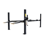 Side view of the 4 post car hoist model TL4.0PH, highlighting the raised steel platforms and hydraulic motorSide view of the 4 post car hoist model TL4.0PH, highlighting the raised steel platforms and hydraulic motor