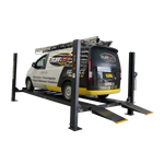 4 post hoist lifting a Tufflift service van in a workshop, showcasing the hoist's capability for vehicle maintenance and inspections