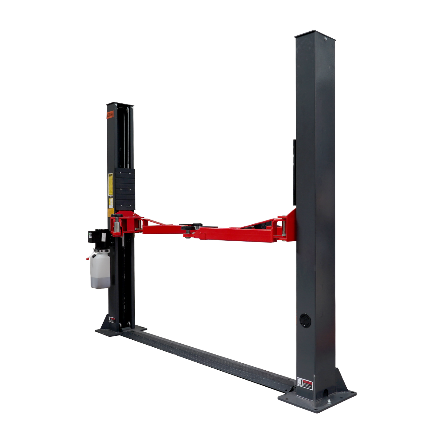 A 2 post car hoist with red arms and dark grey posts. 2 Post Baseplate Hoist - 4 Ton | TLD4.0BP