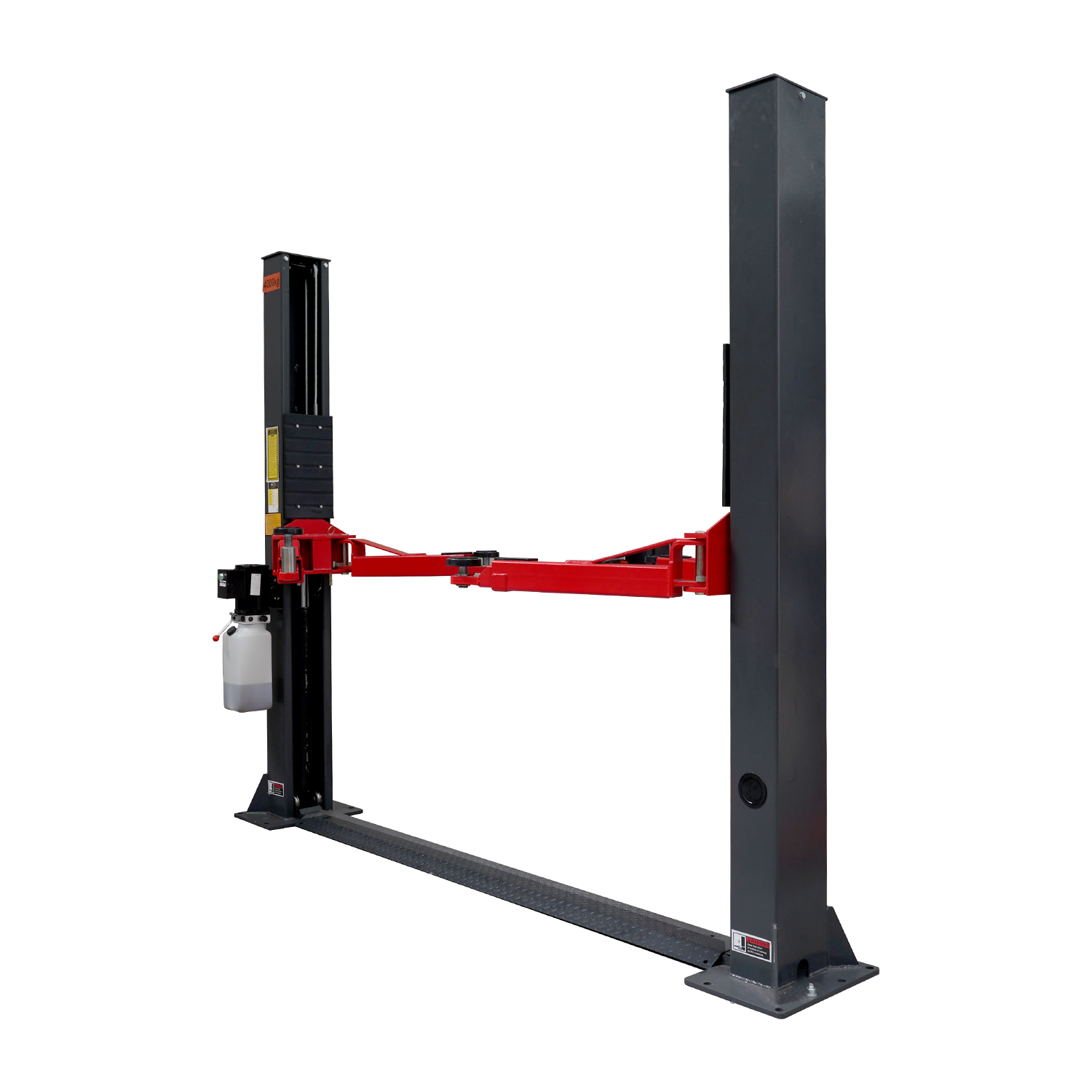 A 2 post car hoist with red arms and dark grey posts. 2 Post Baseplate Hoist - 4 Ton | TLD4.0BP