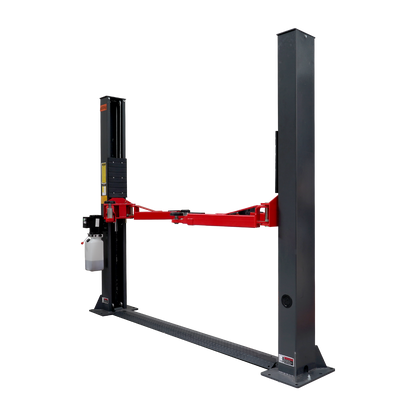 A 2 post car hoist with red arms and dark grey posts. 2 Post Baseplate Hoist - 4 Ton | TLD4.0BP