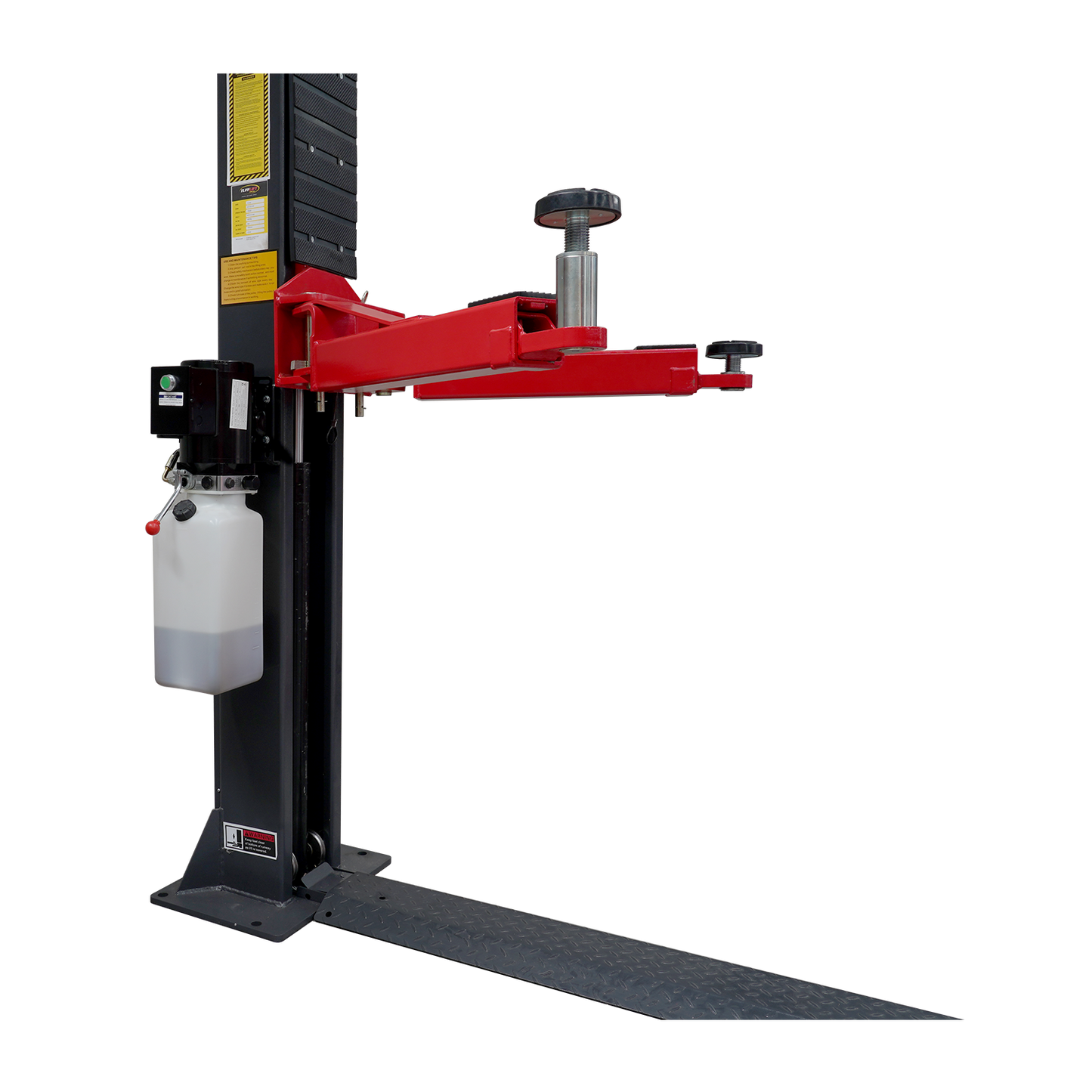 A single post of a 2 post car hoist featuring a red arm with pads and adapters. 2 Post Baseplate Hoist - 4 Ton | TLD4.0BP