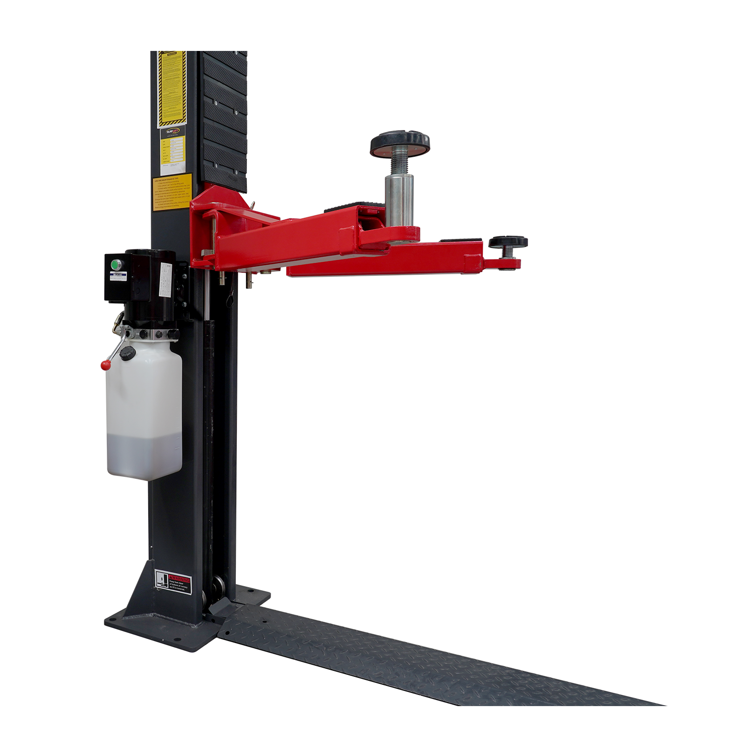 A single post of a 2 post car hoist featuring a red arm with pads and adapters. 2 Post Baseplate Hoist - 4 Ton | TLD4.0BP