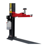 A single post of a 2 post car hoist featuring a red arm with pads and adapters. 2 Post Baseplate Hoist - 4 Ton | TLD4.0BP