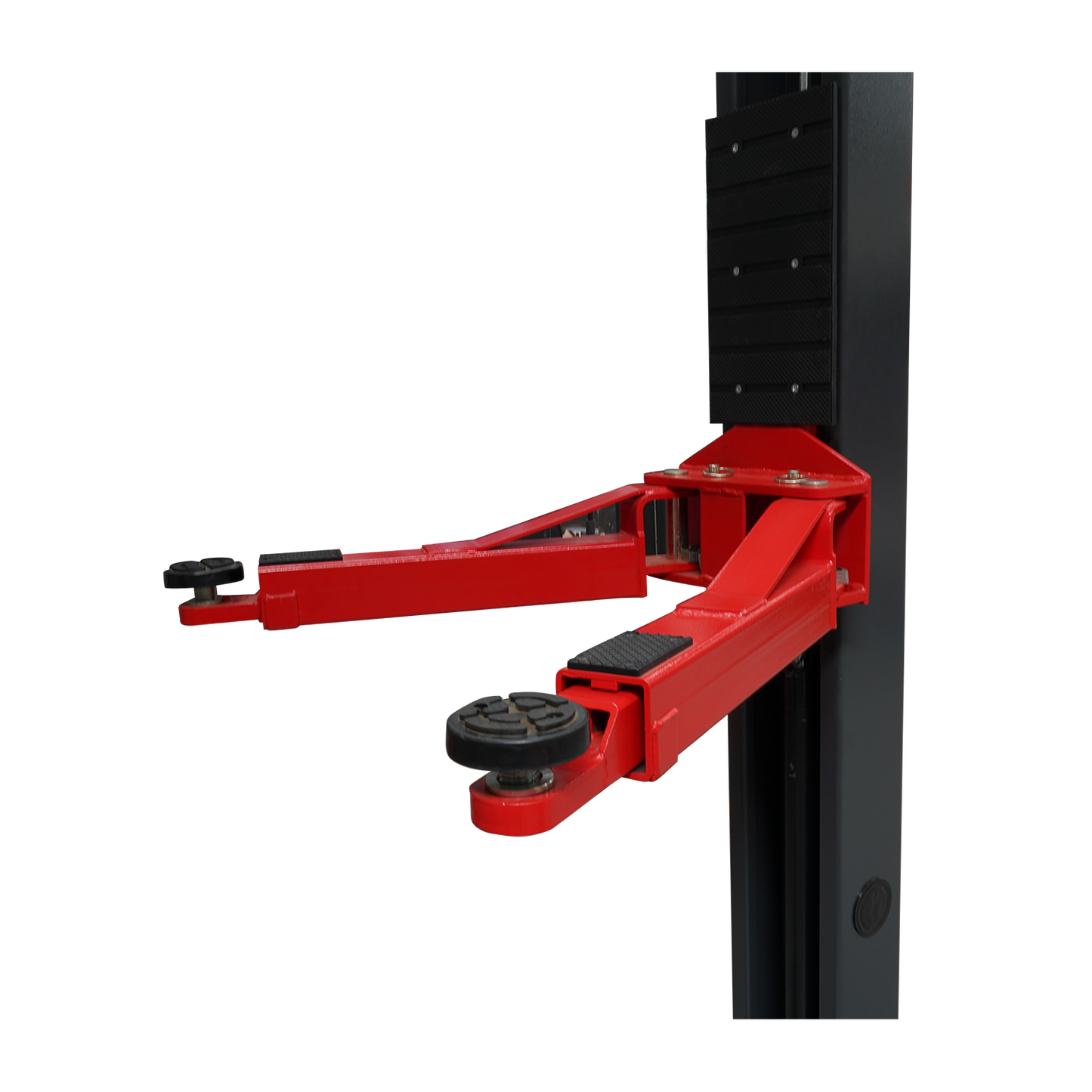 Close up of red car hoist arm with screw pads - 2 Post Baseplate Hoist - 4 Ton TLD4.0BP