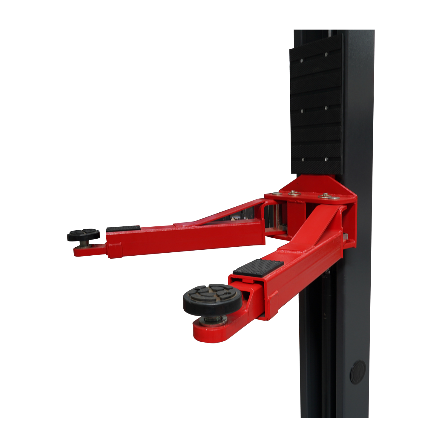 Close up of red car hoist arm with screw pads - 2 Post Baseplate Hoist - 4 Ton TLD4.0BP