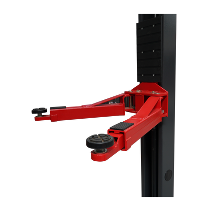 Close up of red car hoist arm with screw pads - 2 Post Baseplate Hoist - 4 Ton TLD4.0BP