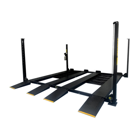 four-post car hoist with drive-on ramps and twin platforms, designed for efficient vehicle parking solutions. - 4 Post Twin Platform Parking Hoist – 4 Ton | TLD4.0TPL5.0M