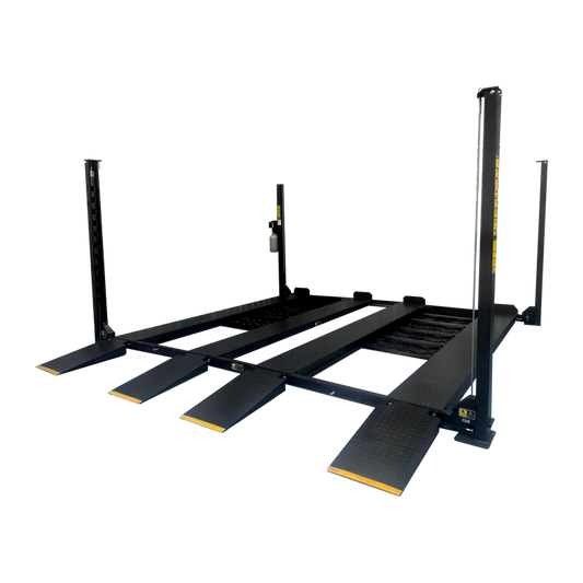 four-post car hoist with drive-on ramps and twin platforms, designed for efficient vehicle parking solutions. - 4 Post Twin Platform Parking Hoist – 4 Ton | TLD4.0TPL5.0M