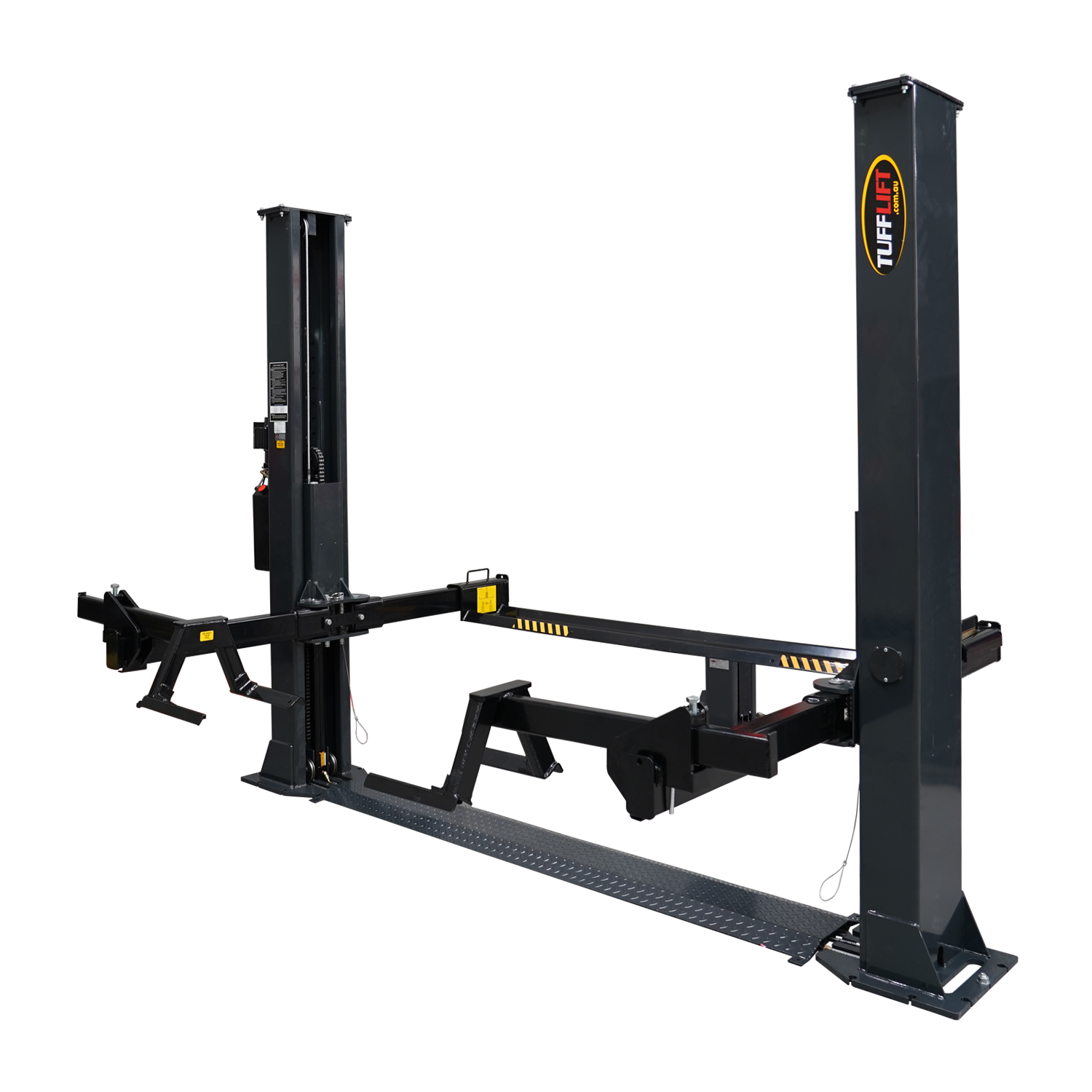 2 post car hoist featuring a durable dark grey framed, and equipped with specialty arms for vehicle maintenance and repair tasks - 2 Post Car Hoist Baseplate - 4 Ton - Turflift | TLG4.0BP