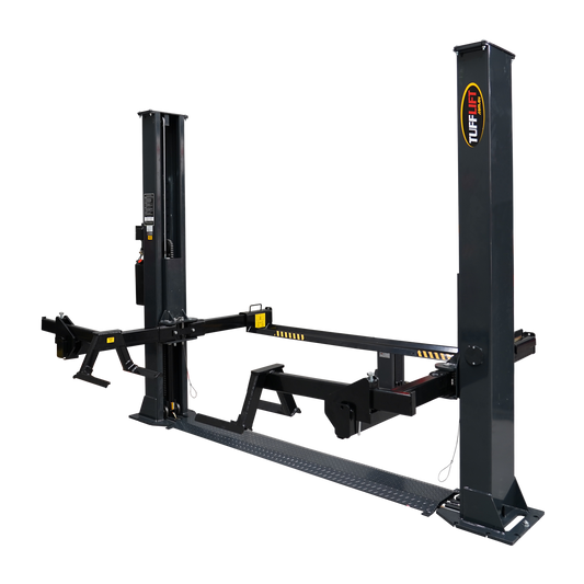 2 post car hoist featuring a durable dark grey framed, and equipped with specialty arms for vehicle maintenance and repair tasks - 2 Post Car Hoist Baseplate - 4 Ton - Turflift | TLG4.0BP