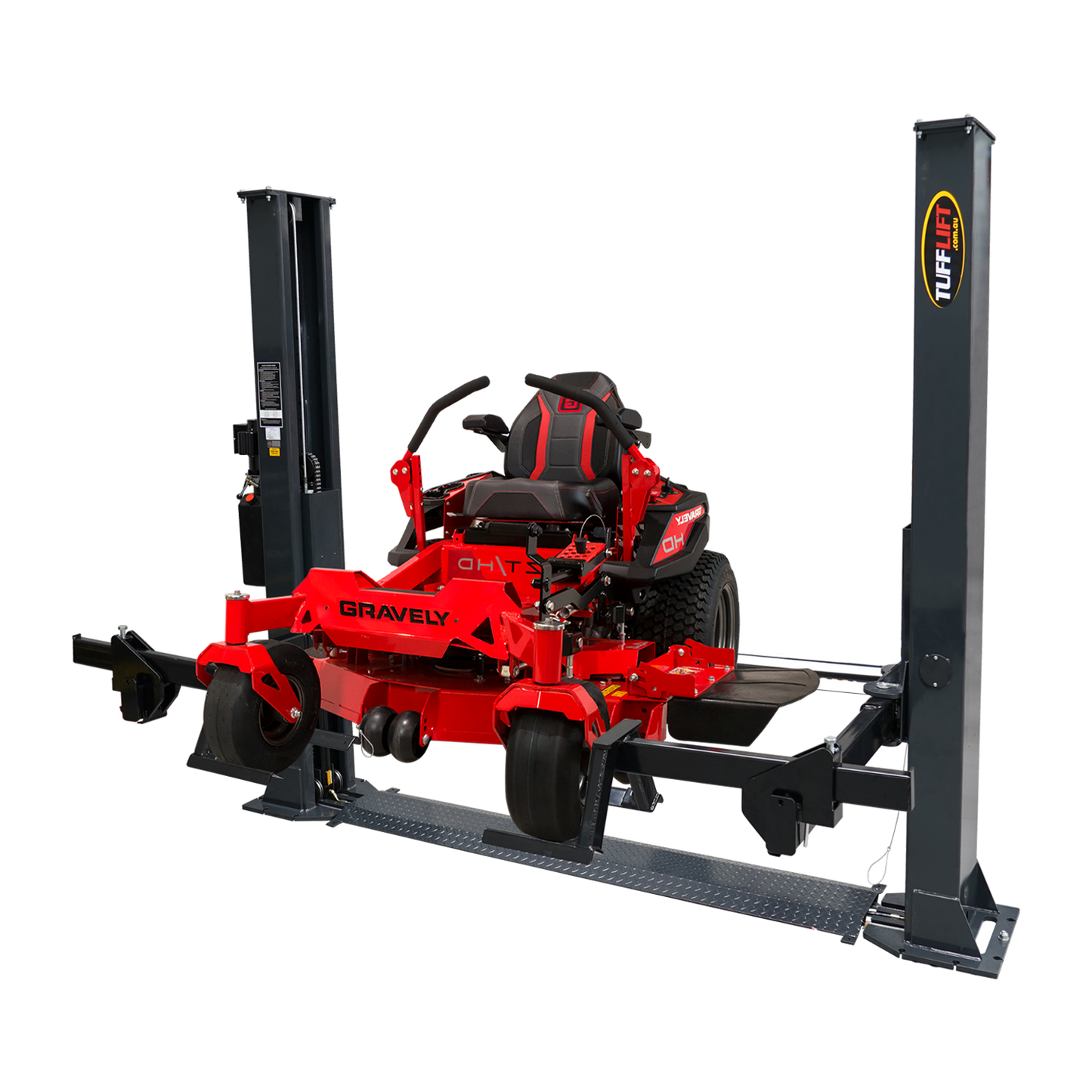 2 post car hoist with a durable dark grey frame, showcasing a Gravely mower lifted on the specialized arms, ideal for vehicle maintenance and repair tasks. - 2 Post Car Hoist Baseplate - 4 Ton - Turflift | TLG4.0BP