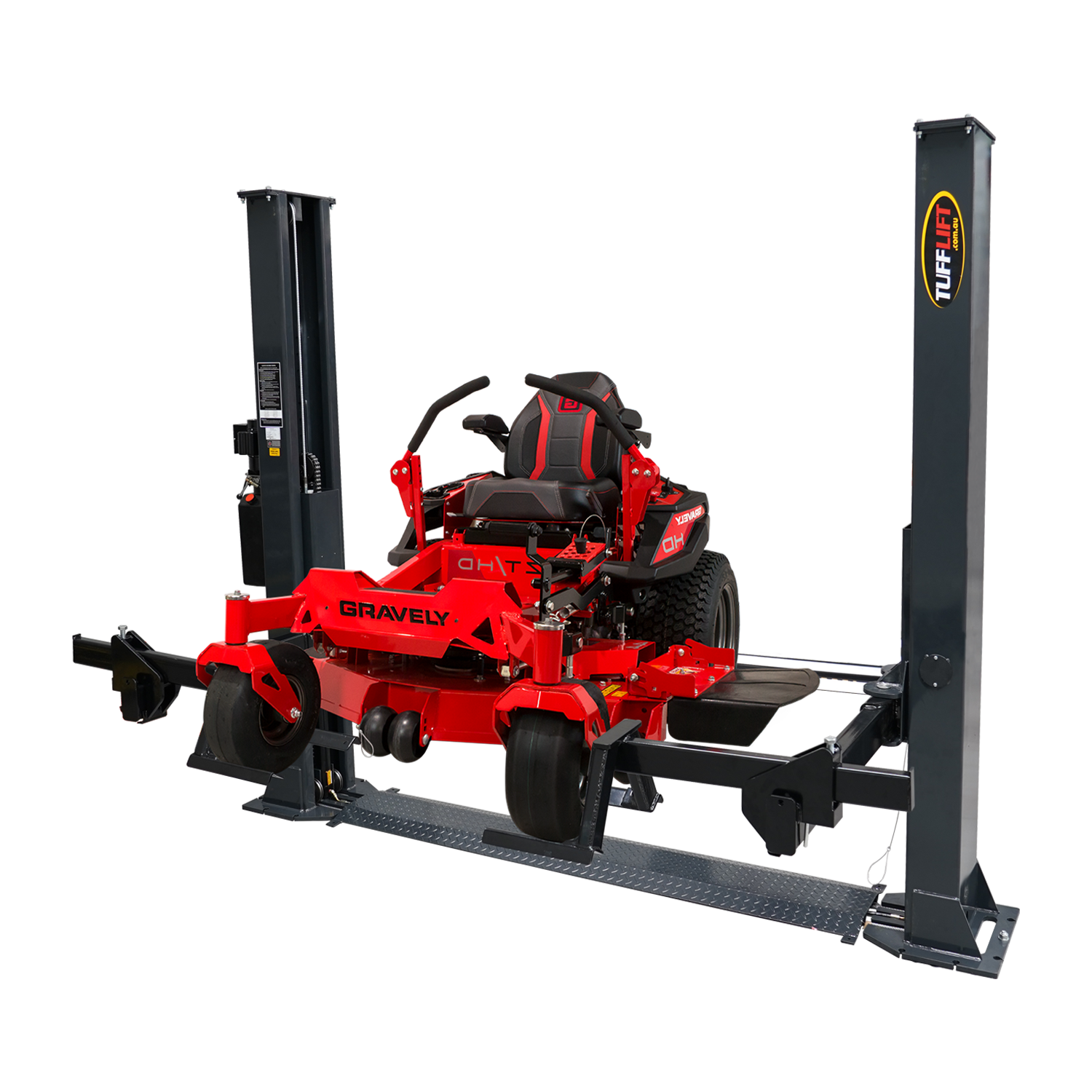 2 post car hoist with a durable dark grey frame, showcasing a Gravely mower lifted on the specialized arms, ideal for vehicle maintenance and repair tasks. - 2 Post Car Hoist Baseplate - 4 Ton - Turflift | TLG4.0BP