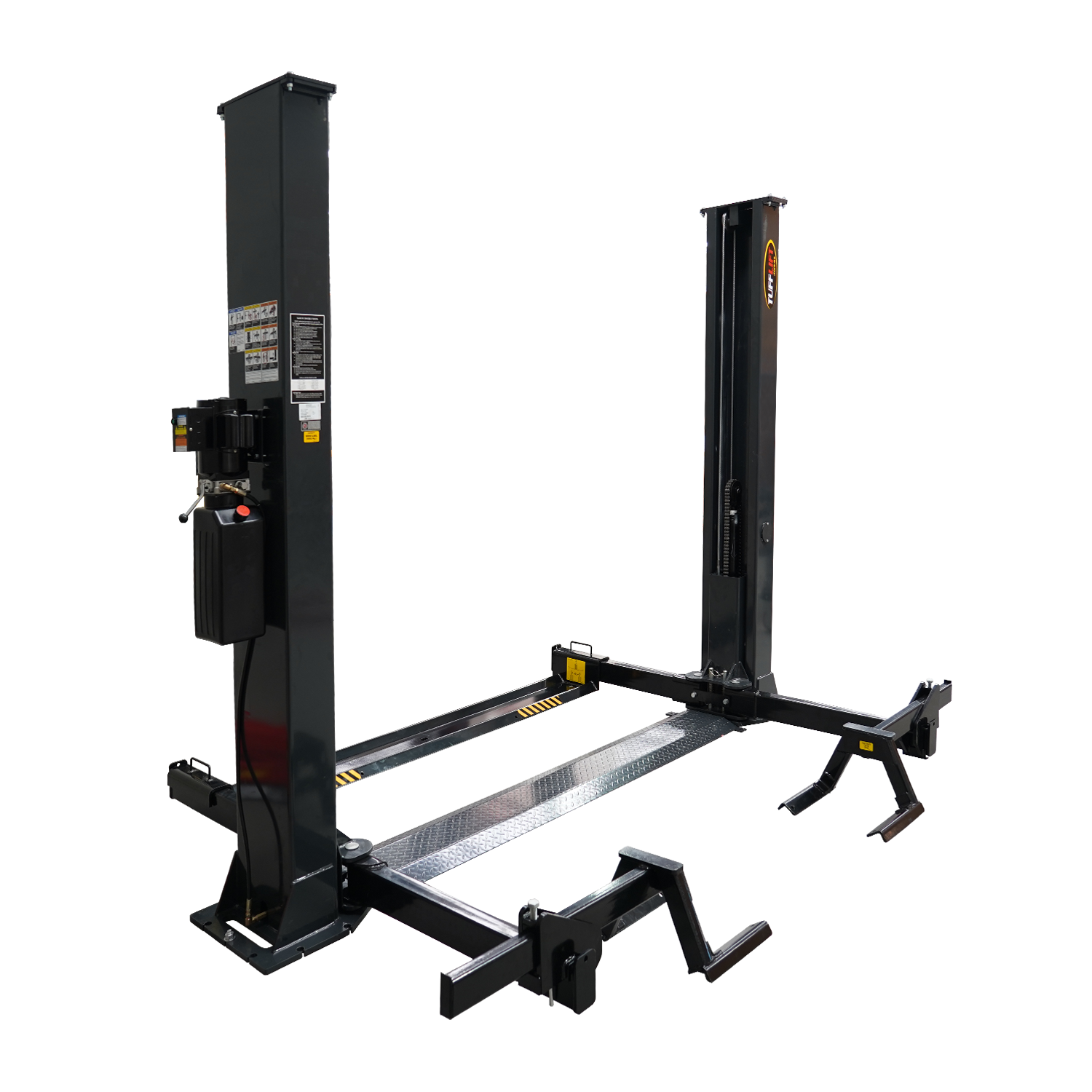 Side view of a durable 2 post car hoist with a dark grey frame, featuring hydraulic lift and specialized arms for secure vehicle maintenance and repair. - 2 Post Car Hoist Baseplate - 4 Ton - Turflift | TLG4.0BP