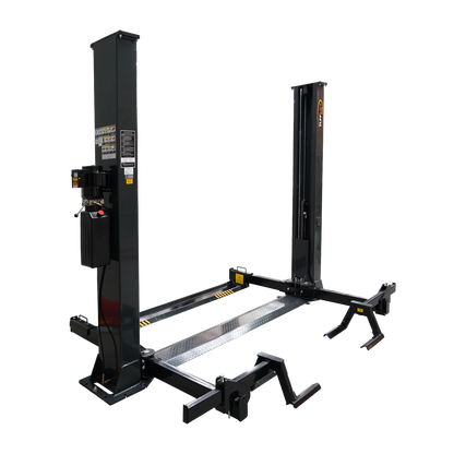 Side view of a durable 2 post car hoist with a dark grey frame, featuring hydraulic lift and specialized arms for secure vehicle maintenance and repair. - 2 Post Car Hoist Baseplate - 4 Ton - Turflift | TLG4.0BP