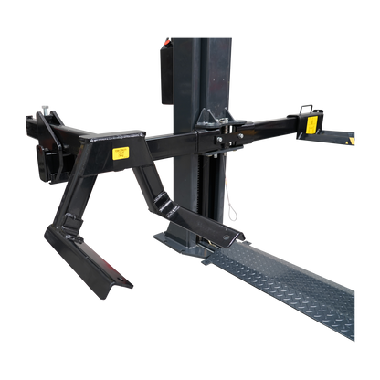 Close-up of the heavy-duty adjustable arms on a 2 post car hoist, designed for secure and accurate vehicle lifting in an automotive workshop. - 2 Post Car Hoist Baseplate - 4 Ton - Turflift | TLG4.0BP