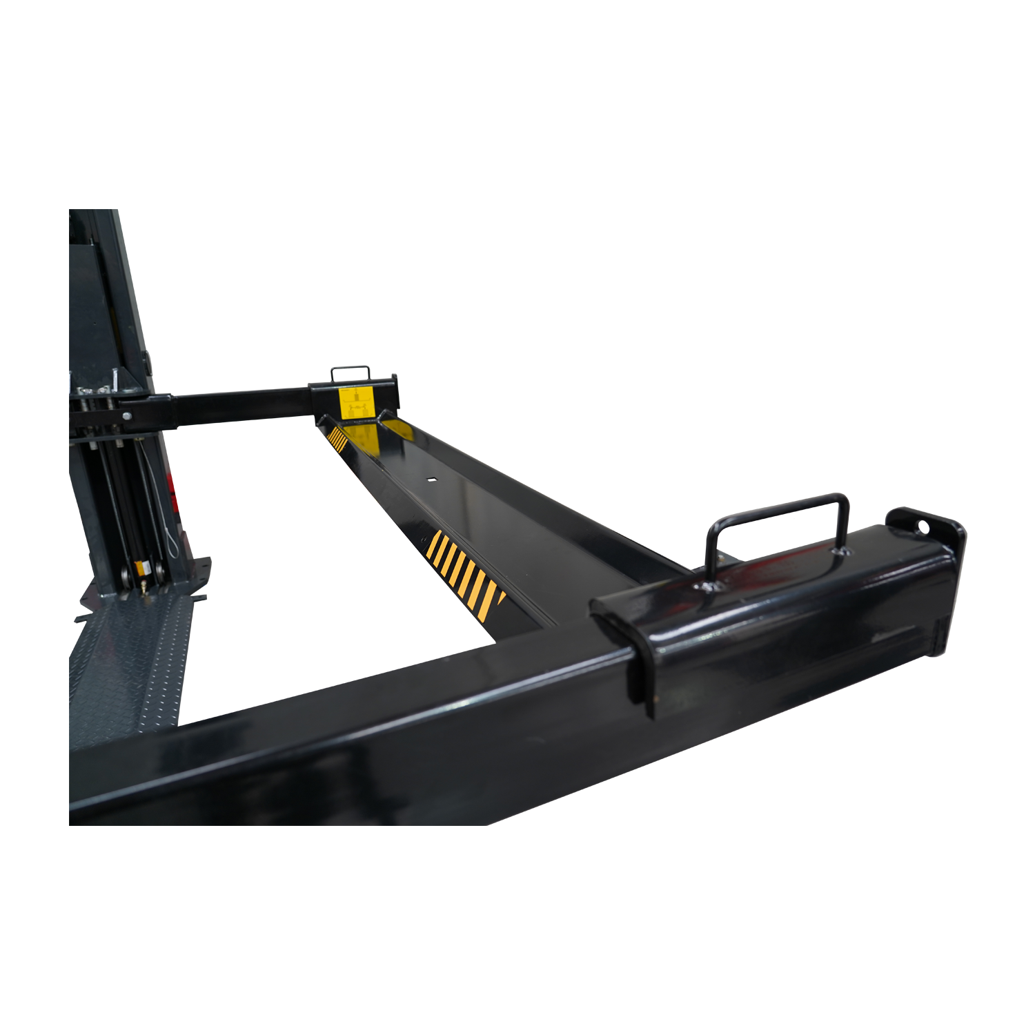 Close-up of the platform and safety features on a 2 post car hoist, designed for secure and stable vehicle lifting in an automotive workshop. - 2 Post Car Hoist Baseplate - 4 Ton - Turflift | TLG4.0BP