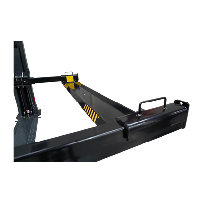 Close-up of the platform and safety features on a 2 post car hoist, designed for secure and stable vehicle lifting in an automotive workshop. - 2 Post Car Hoist Baseplate - 4 Ton - Turflift | TLG4.0BP