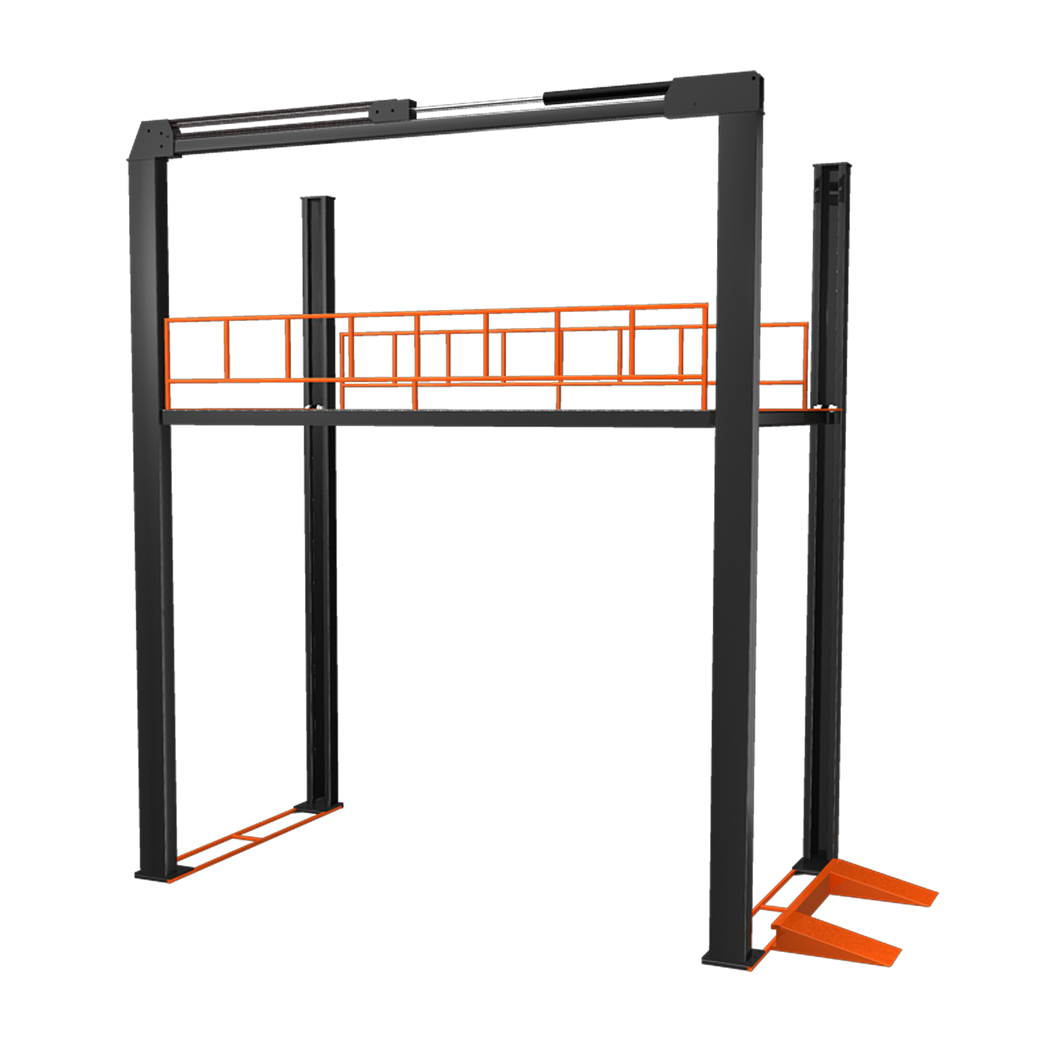 A custom four-post parking lift structure with an overhead platform, designed for vehicle storage and stacking, featuring an orange frame and black posts. - 4 Post Fully Customisable Lift | TLM-CSTM