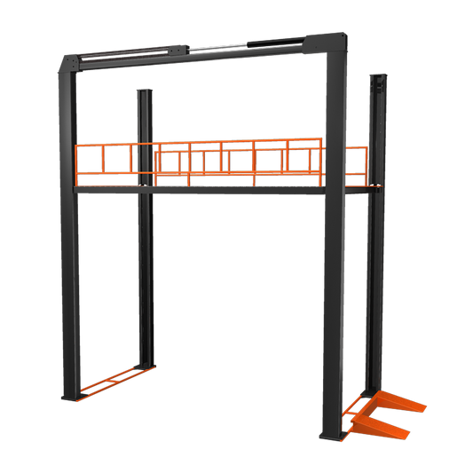 A custom four-post parking lift structure with an overhead platform, designed for vehicle storage and stacking, featuring an orange frame and black posts. - 4 Post Fully Customisable Lift | TLM-CSTM