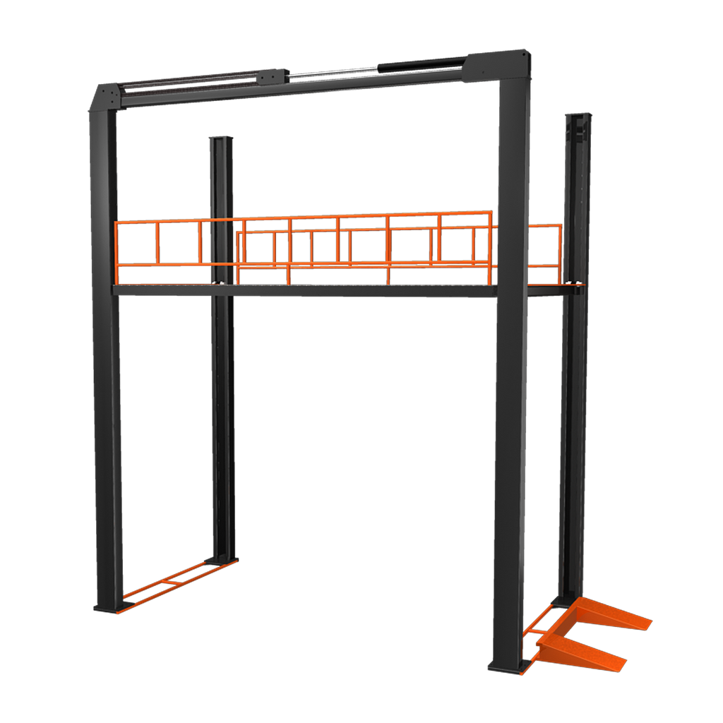 A custom four-post parking lift structure with an overhead platform, designed for vehicle storage and stacking, featuring an orange frame and black posts. - 4 Post Fully Customisable Lift | TLM-CSTM