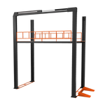 A custom four-post parking lift structure with an overhead platform, designed for vehicle storage and stacking, featuring an orange frame and black posts. - 4 Post Fully Customisable Lift | TLM-CSTM