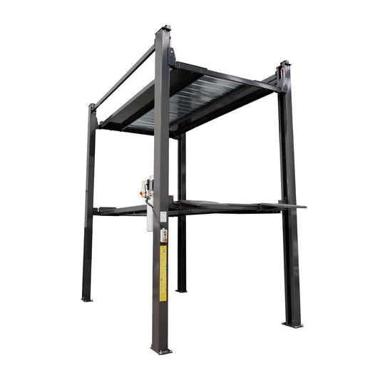 Angled view of a multi-level car parking lift, showcasing its sturdy metal structure with an upper platform raised to reveal space for an additional vehicle below.  4 Post Parking Hoist | Triple Stacker 