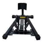 Front view of heavy-duty motorcycle wheel chock for stabilizing and securing the front wheel during maintenance or transport. - Motorcycle Wheel Chock | TLMCWC