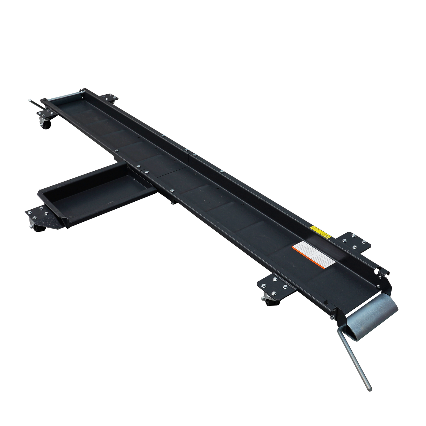 Motorcycle dolly with built-in tray and wheel chocks, designed for easily maneuvering and positioning motorcycles in a garage or workshop. - Motorcycle Dolly | TLMD