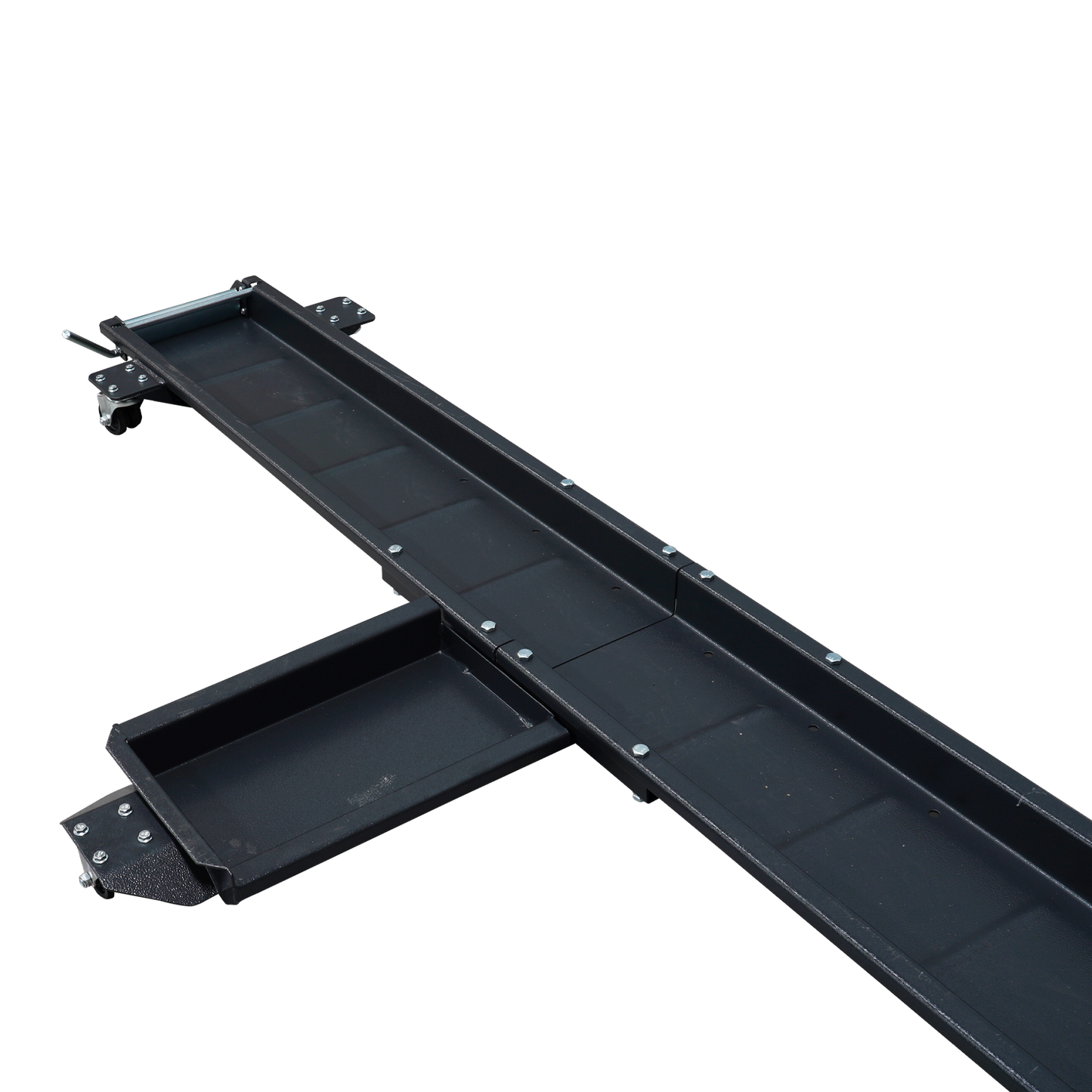 Close-up view of a motorcycle dolly, featuring sturdy wheels and a durable frame, designed for easily maneuvering and positioning motorcycles in a garage or workshop. - Motorcycle Dolly | TLMD