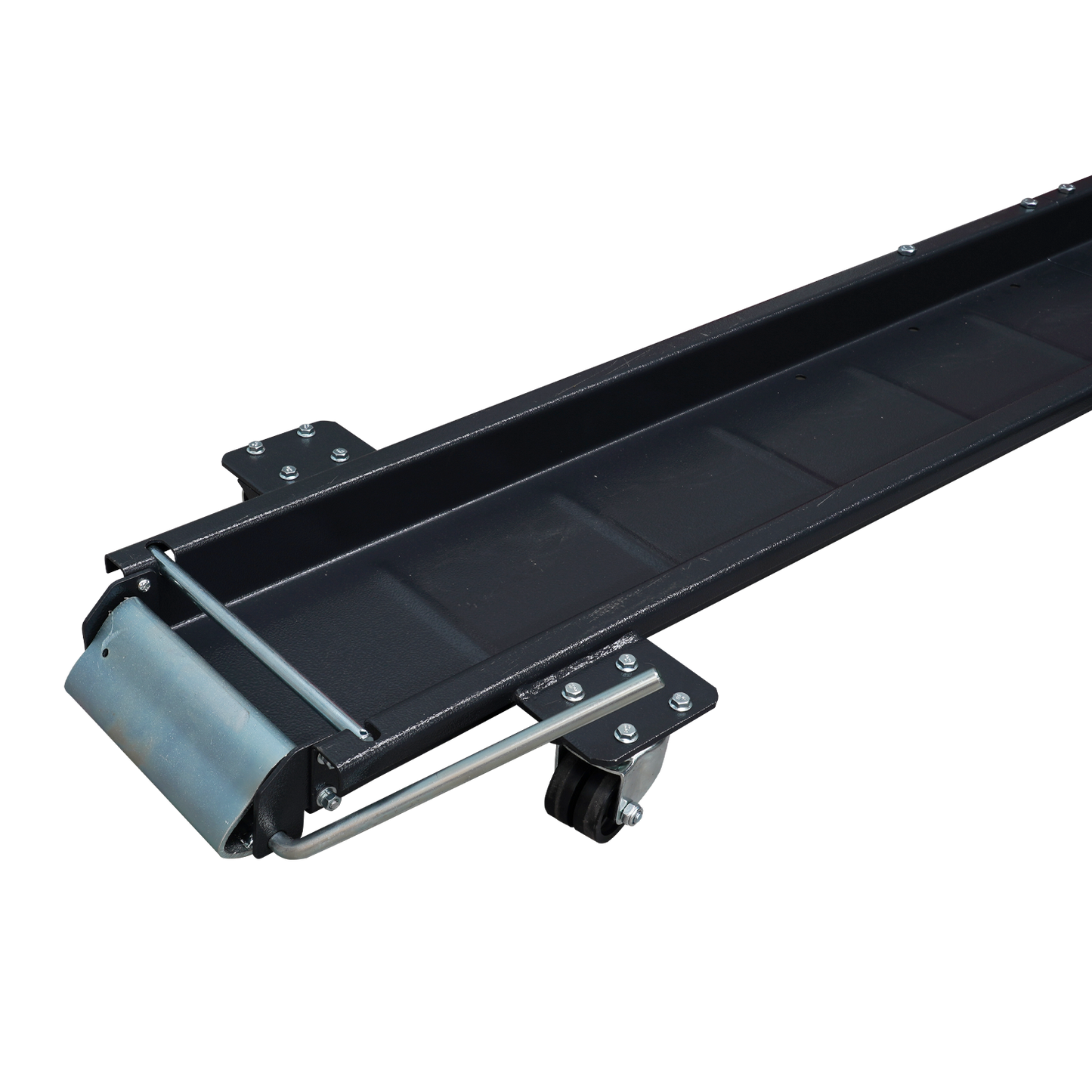 Close-up view of a motorcycle dolly, featuring sturdy wheels and a durable frame, designed for easily maneuvering and positioning motorcycles in a garage or workshop. - Motorcycle Dolly | TLMD