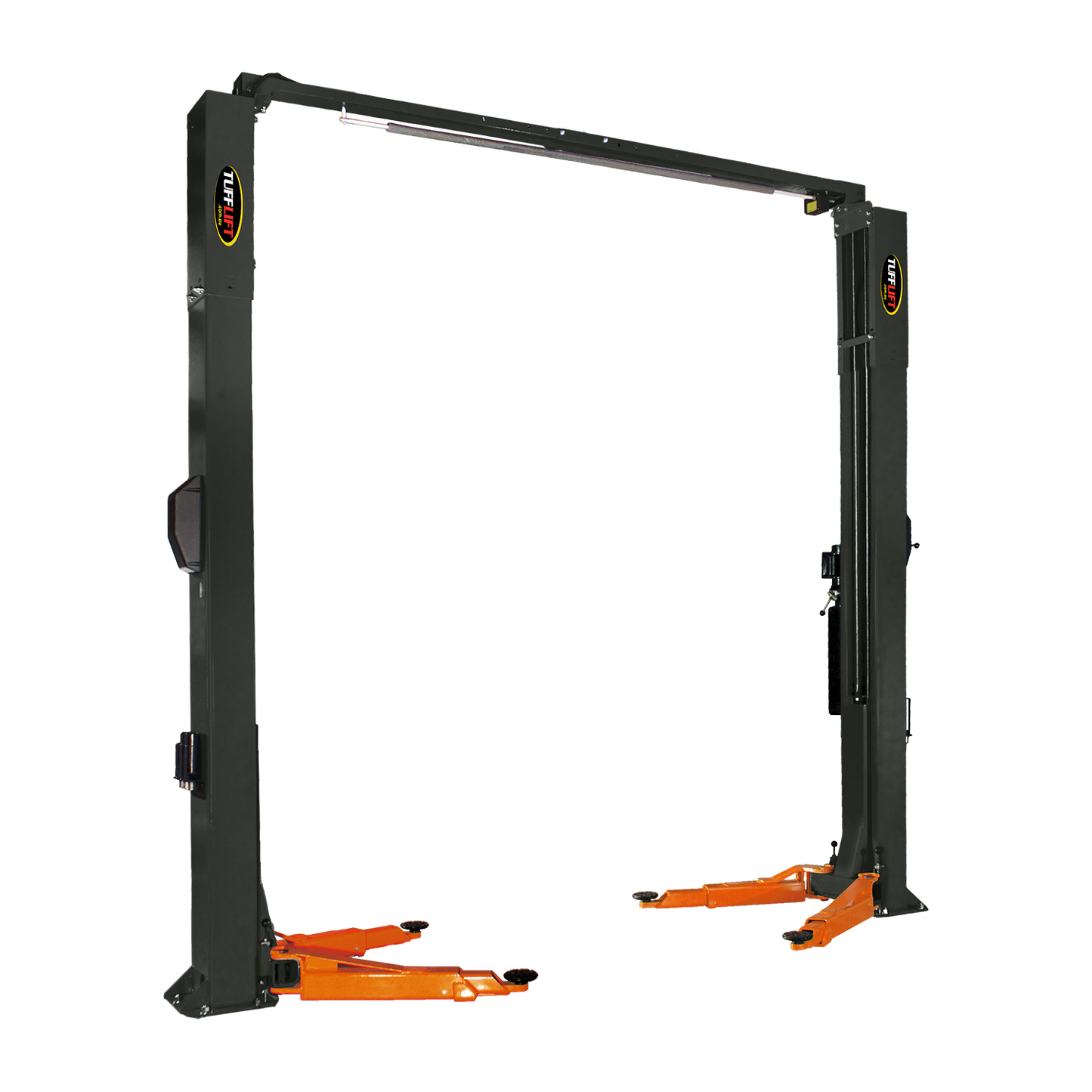 Freestanding 2 post car hoist with a dark grey frame and orange adjustable arms, designed for efficient vehicle lifting in automotive workshops. - 2 Post Hoist Clear Floor - 4 Ton | TLR4.0OH