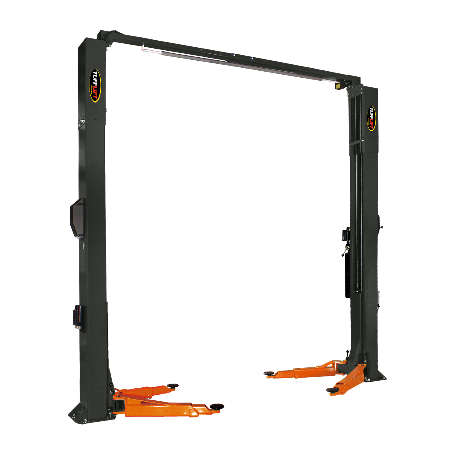 Freestanding 2 post car hoist with a dark grey frame and orange adjustable arms, designed for efficient vehicle lifting in automotive workshops. - 2 Post Hoist Clear Floor - 4 Ton | TLR4.0OH