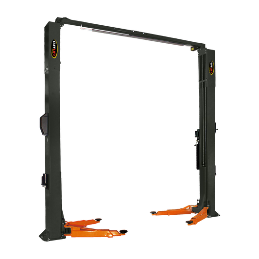 Freestanding 2 post car hoist with a dark grey frame and orange adjustable arms, designed for efficient vehicle lifting in automotive workshops. - 2 Post Hoist Clear Floor - 4 Ton | TLR4.0OH