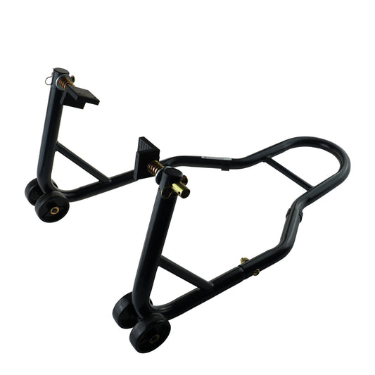 Black rear wheel motorcycle stand on a white background, designed for easy bike maintenance and storage. - Rear Wheel Motorcycle Stand | TLRWMSVL