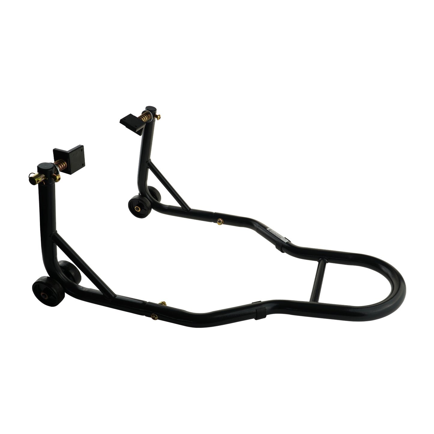 Black rear wheel motorcycle stand on a white background, designed for easy bike maintenance and storage. - Rear Wheel Motorcycle Stand | TLRWMSVL