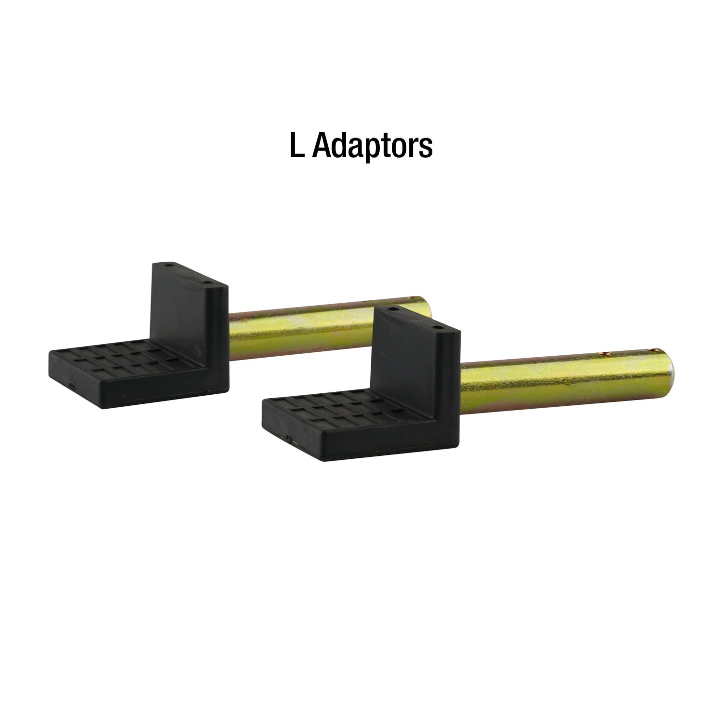 Two gold-colored pins with black rubber L-shaped grips, components of a rear wheel motorcycle stand. - Rear Wheel Motorcycle Stand | TLRWMSVL