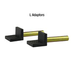 Two gold-colored pins with black rubber L-shaped grips, components of a rear wheel motorcycle stand. - Rear Wheel Motorcycle Stand | TLRWMSVL