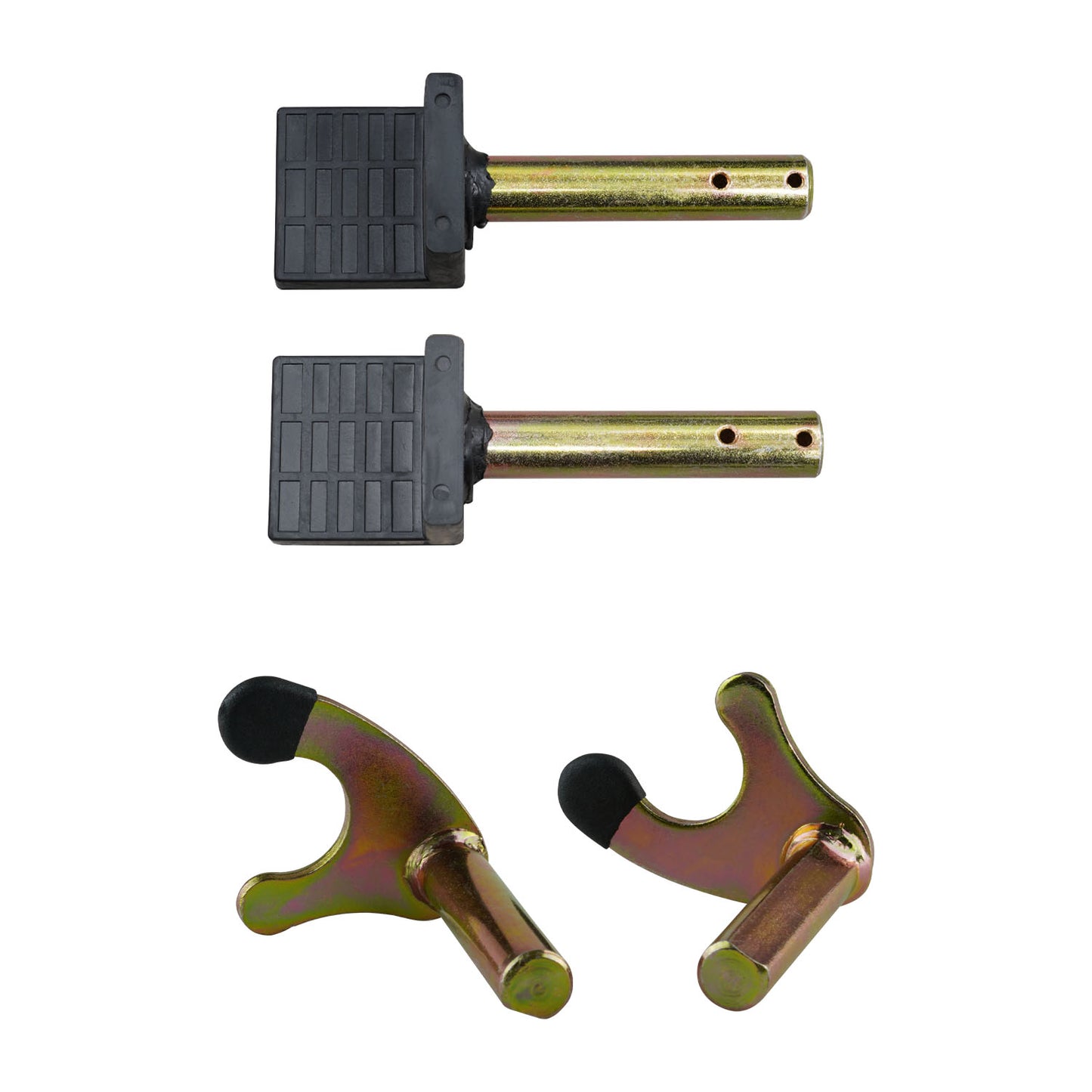 Components of a rear wheel motorcycle stand, including two gold-colored pins with black rubber grips and two gold-colored brackets with black ends. - Rear Wheel Motorcycle Stand | TLRWMSVL