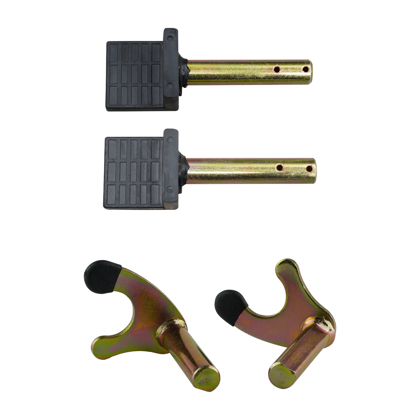 Components of a rear wheel motorcycle stand, including two gold-colored pins with black rubber grips and two gold-colored brackets with black ends. - Rear Wheel Motorcycle Stand | TLRWMSVL