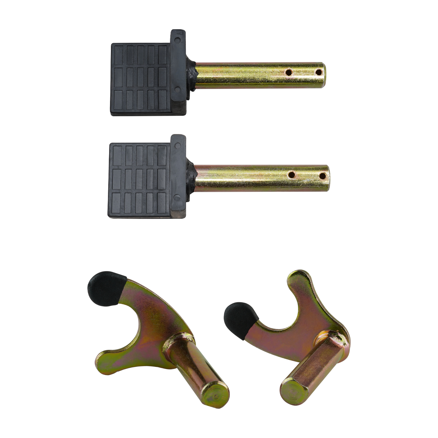 Components of a rear wheel motorcycle stand, including two gold-colored pins with black rubber grips and two gold-colored brackets with black ends. - Rear Wheel Motorcycle Stand | TLRWMSVL