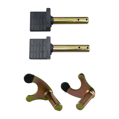 Components of a rear wheel motorcycle stand, including two gold-colored pins with black rubber grips and two gold-colored brackets with black ends. - Rear Wheel Motorcycle Stand | TLRWMSVL