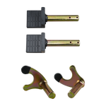 Components of a rear wheel motorcycle stand, including two gold-colored pins with black rubber grips and two gold-colored brackets with black ends. - Rear Wheel Motorcycle Stand | TLRWMSVL