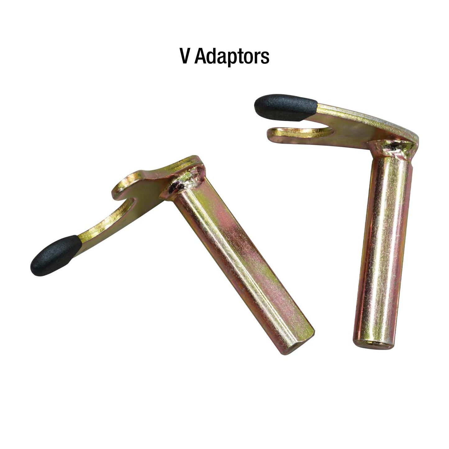 Two gold-colored pins with hook ends, featuring black rubber tips, components of a rear wheel motorcycle stand. - Rear Wheel Motorcycle Stand | TLRWMSVL