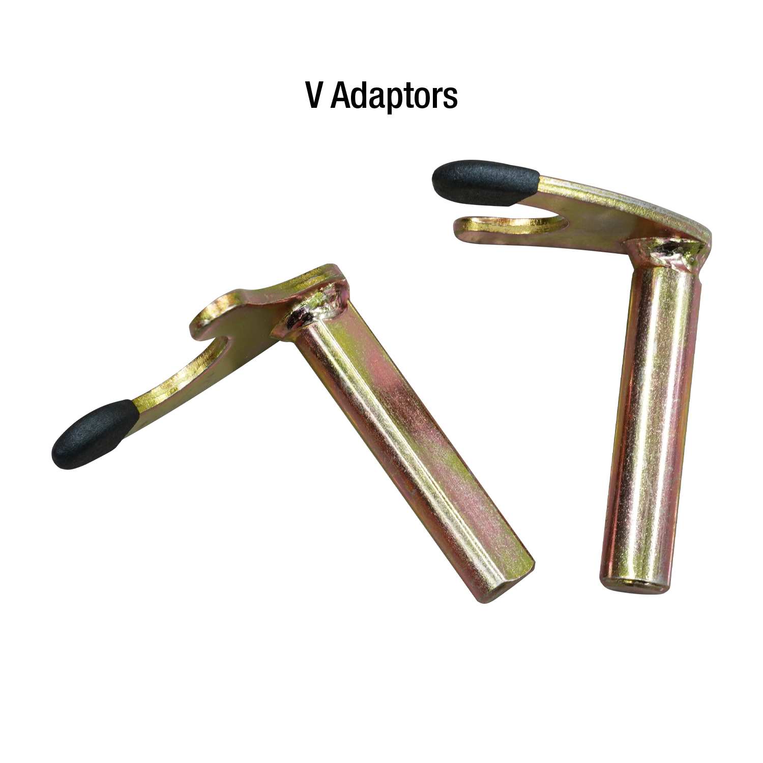 Two gold-colored pins with hook ends, featuring black rubber tips, components of a rear wheel motorcycle stand. - Rear Wheel Motorcycle Stand | TLRWMSVL