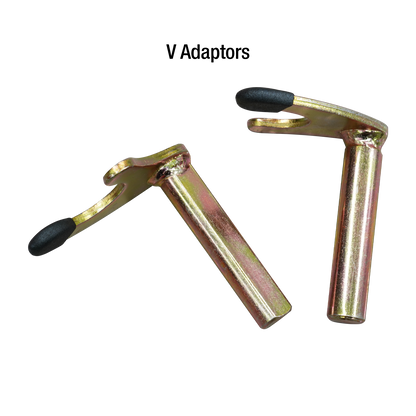 Two gold-colored pins with hook ends, featuring black rubber tips, components of a rear wheel motorcycle stand. - Rear Wheel Motorcycle Stand | TLRWMSVL