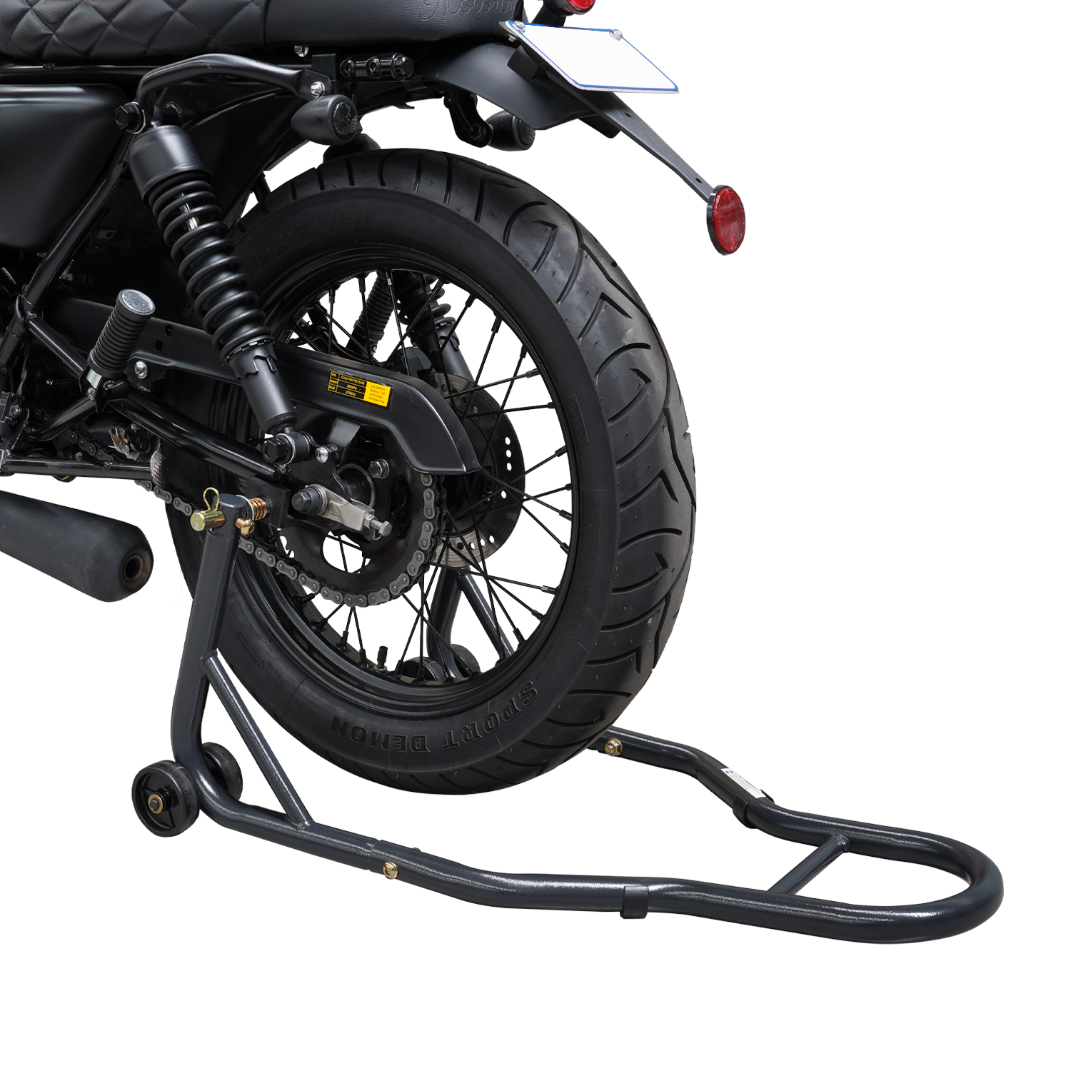 This image shows a rear wheel motorcycle stand supporting a bike from the back. The motorcycle's rear tire is lifted off the ground, allowing for maintenance, cleaning, or tire work. The stand features two support arms with wheels for easy positioning and balance, ensuring the motorcycle remains stable while elevated.