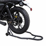 This image shows a rear wheel motorcycle stand supporting a bike from the back. The motorcycle's rear tire is lifted off the ground, allowing for maintenance, cleaning, or tire work. The stand features two support arms with wheels for easy positioning and balance, ensuring the motorcycle remains stable while elevated.