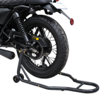 This image shows a rear wheel motorcycle stand supporting a bike from the back. The motorcycle's rear tire is lifted off the ground, allowing for maintenance, cleaning, or tire work. The stand features two support arms with wheels for easy positioning and balance, ensuring the motorcycle remains stable while elevated.